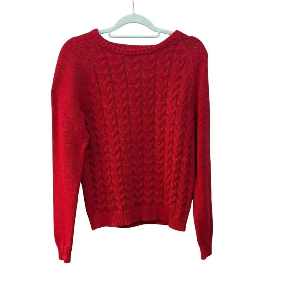 Lands' End Sweater Womens Medium Red Cable Knit Crew Neck Cotton Pullover Raglan